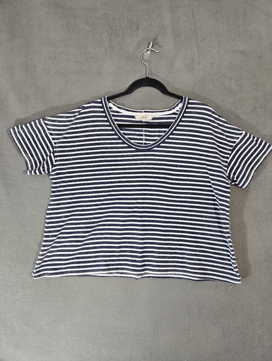 J.O.A. Tops - JOA Womens Crop Tee Shirt Large Oversized Lagenlook Blue Striped Scoopneck Boho
